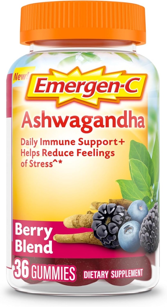 Emergen-C Βιταμίνη C και Ashwagandha Gummies, Συμπλήρωμα διατροφής για την υποστήριξη του ανοσοποιητικού, Berry Blend, Back to School Essentials - 36 Count