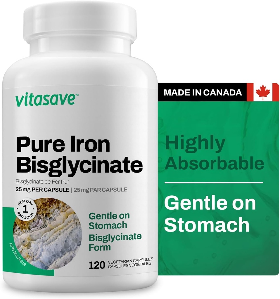 Vitasave Iron Bisglycinate – High Absorption Iron Supplement for Energy, Anemia & Immune Support – Gentle on Stomach – Vegan, Non-GMO, Gluten-Free – 120 Capsules (Made in Canada)