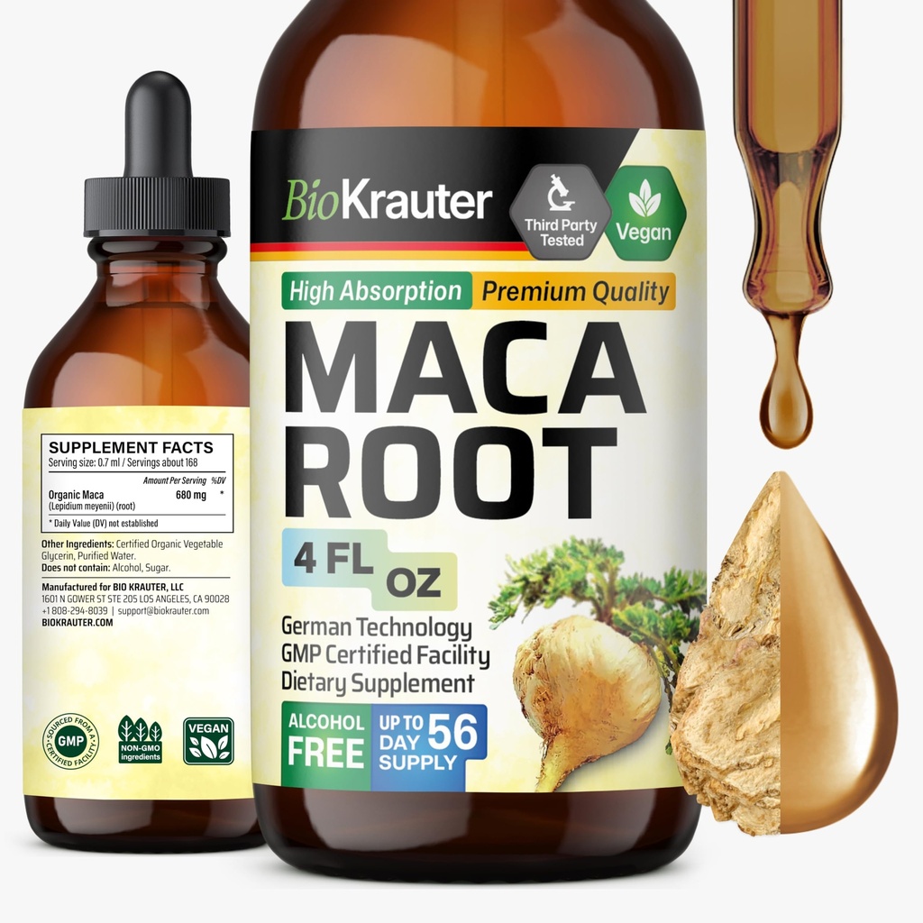 BIO KRAUTER Maca Root Liquid Drops - Maca Extract Tincture - Vegan, Sugar & Alkol Free Extract 4 Fl.Oz.