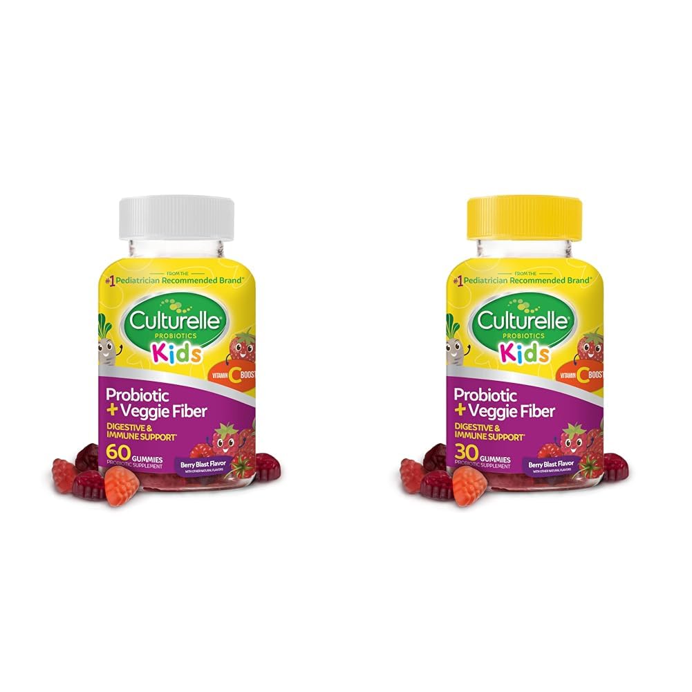Culturelle Kids Daily Probiyotik + Veggie Fiber Gummies (60 & 30 Count) - Berry Flavor, Digestive & Immune Health Support