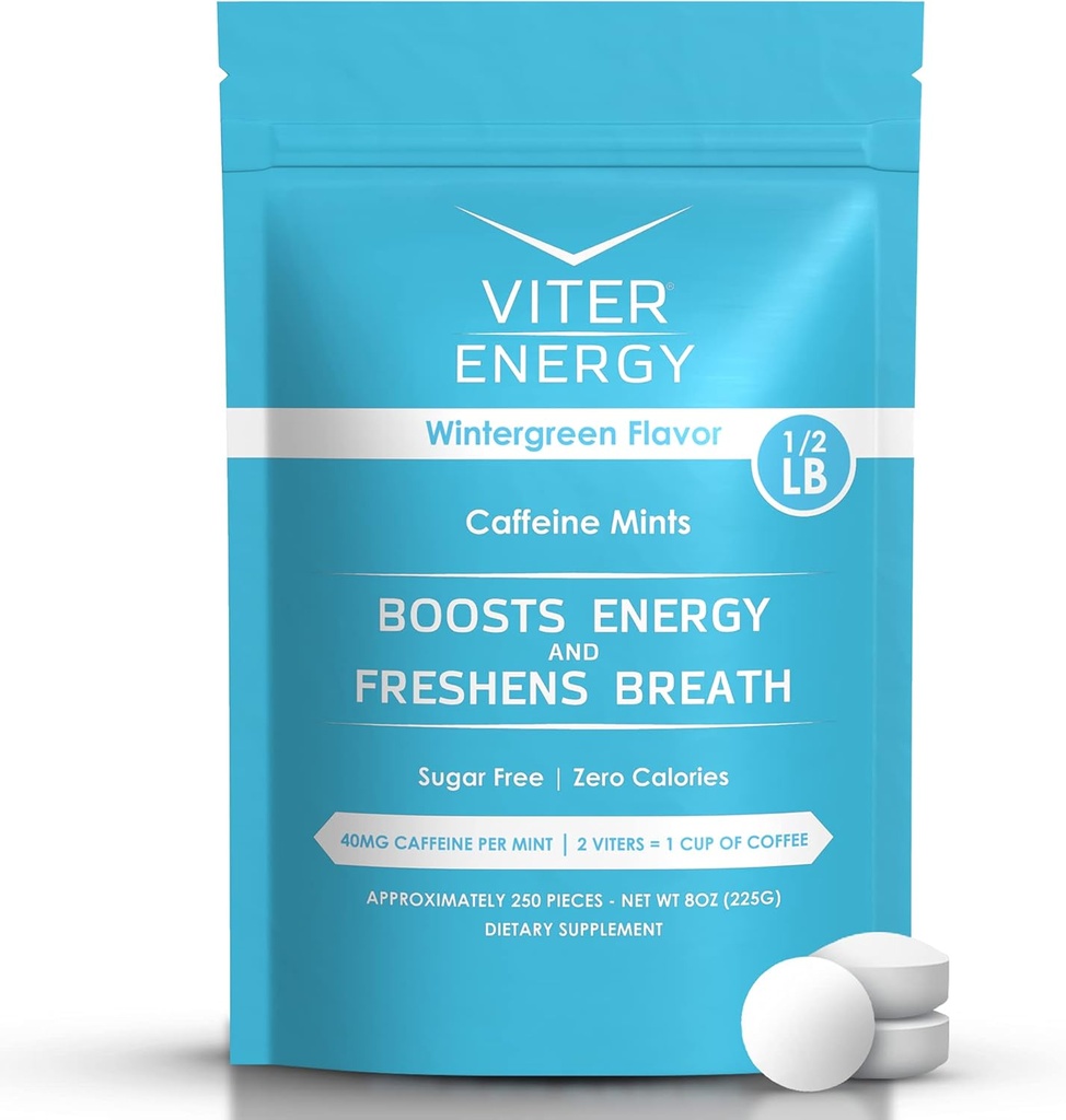 Viter Energy 40 mg Caffeine Mints - Sugar Free, B Vitamins, Vegan, Boosts Fast Energized Alert Focus, Caffeinated Nootropic Supplement Pills (Wintergreen Flavor, 8oz, Bulk Bag)