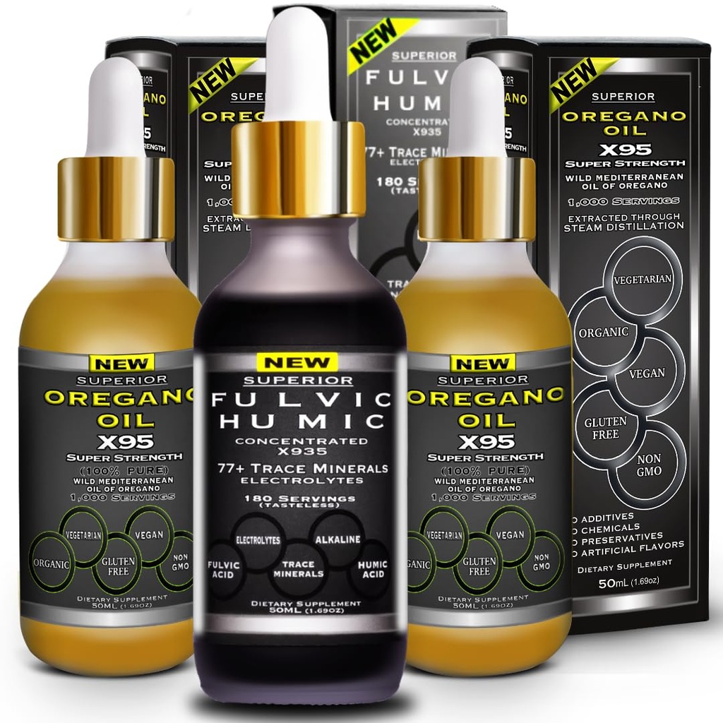 Fulvic Humic Acid Ionic Trace Minerals with Electrolytes Liquid Supplement Plus Oregano Oil Drops Super Strength More Versatile Oregano Softgels and Capsules