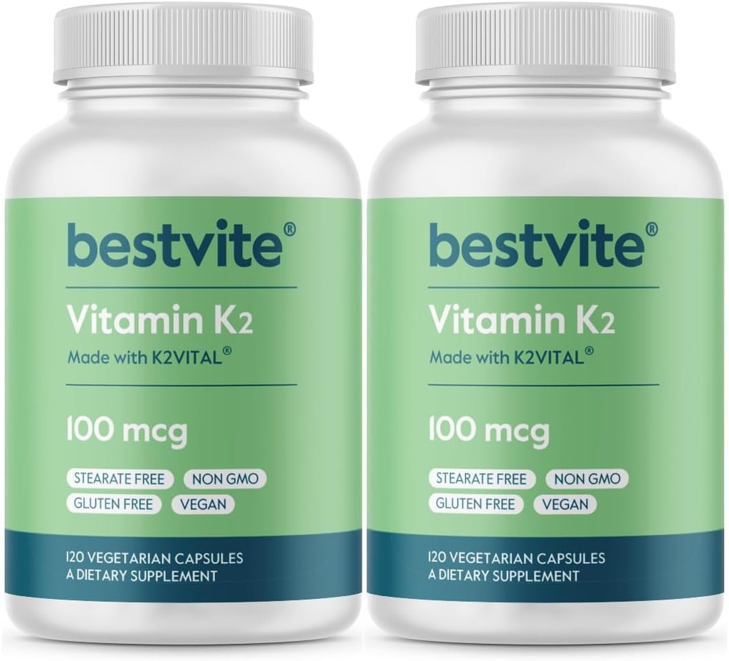 BESTVITE Βιταμίνη K2 100 mcg ως MK-7 (240 κάψουλες χορτοφαγίας)(120x2) - Δεν Stearates - Vegan - Μη ΓΤΟ - Χωρίς γλουτένη