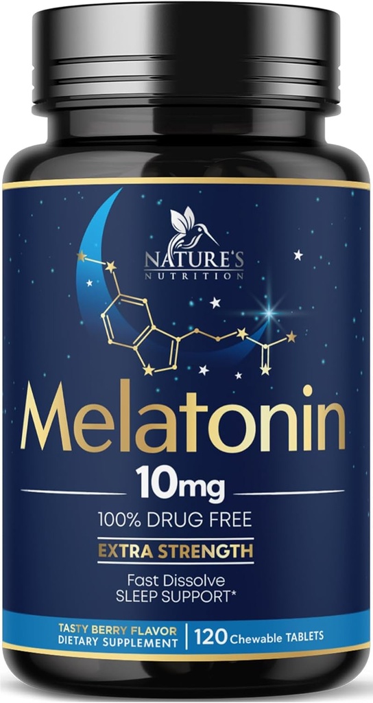 Melatonin 10 mg Fast Dissolve, Melatonin Supplements for Restful Sleep, Natural Sleep Support Supplement for Yetişkinler, Ekstra Güçlü Strawberry-Flavored Tabletler, Sugar Free, 120 Tablet, 120 Day Supply