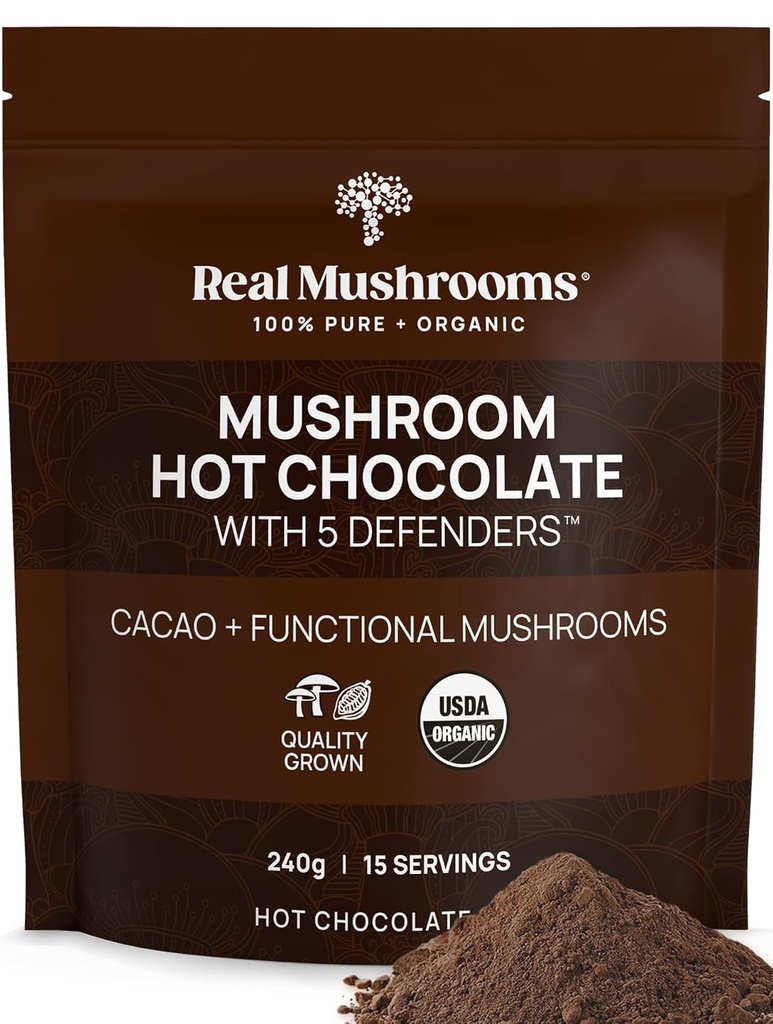 Real Mushrooms Organic Hot Chocolate Mix with Reishi, Türkiye Tail, Chaga, Shiitake, Maitake – Cacao Toz Organik Mushroom- 5 Defenders Mushroom Cacao Toz, Vegan, Gluten-Free, 15 Hizmetler