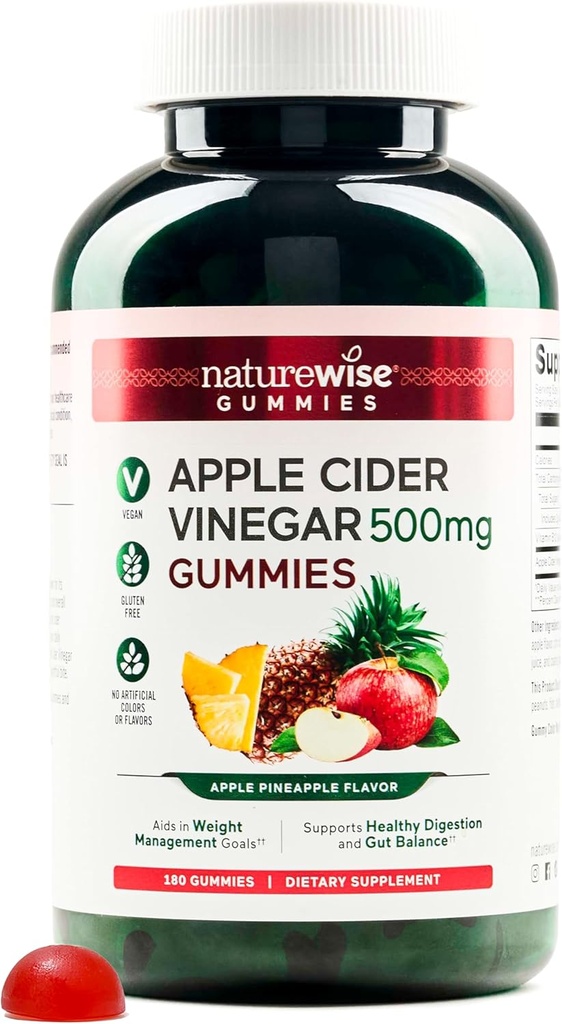NatureWise Apple Cider Vinegar Gummies - 2 + Vitamin B12 - Pectinive Vegan, Gluten-Free, Non-GMO - 180 Count[90-Day Supply for 1000 mg or 6Month Supply for 500 mg]