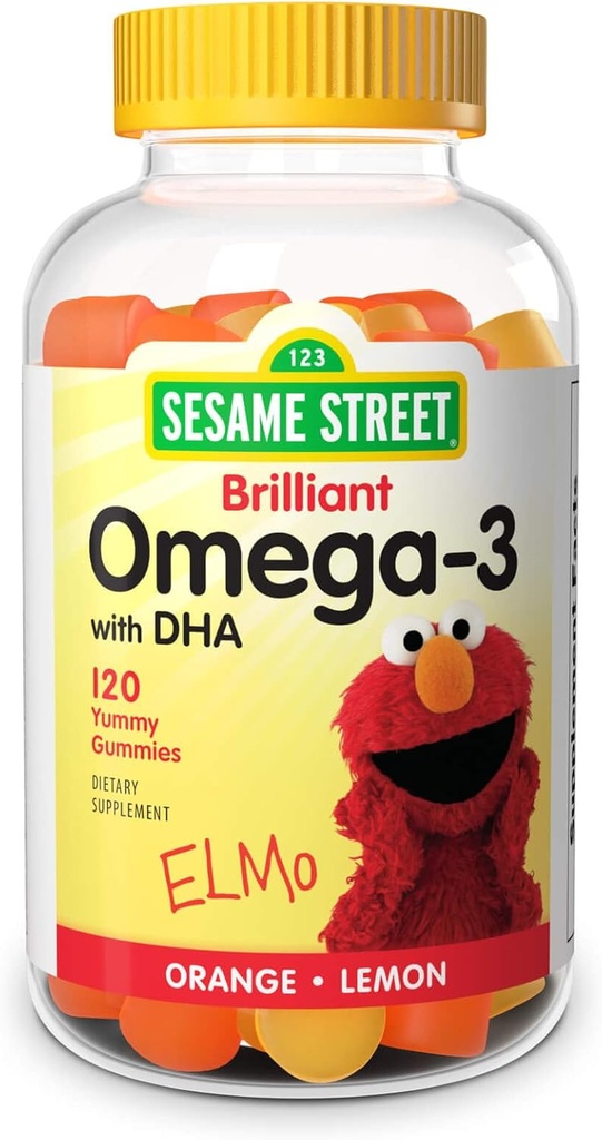 Sesame Street Omega 3 Gummies for Kids, 50 mg of Omega-3 per Gummy, 4 Ay Supply, No Fishy Aftertaste, Shellfish Free Supplement, Brain & Eye Support, 120 Gummies