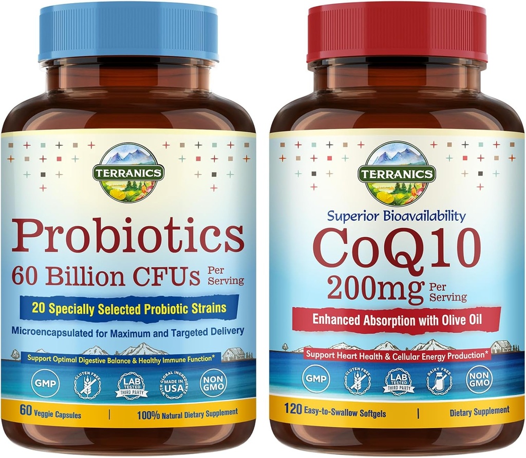 Terranics Probiyotiks & CoQ10 Sche, Heart & Digestion Health, 60 milyar Probiyotik, Bioaktif Coenzyme Q10 200 mg, Ekstra Virgin Zeytinyağı, Sche & Save Health