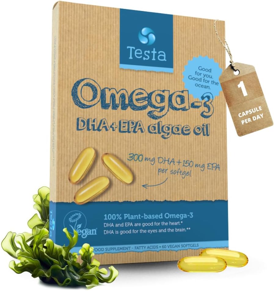 Testa Omega-3 Supplement - Vegan bazlı Omega 3 DHA EPA Capsules Algae - Omega 3 Fatty asitleri - Kalp, Beyin ve Ortak Sağlık - Plastik Olumsuz, RTG ve Kosher - İki Ay Supply Supply