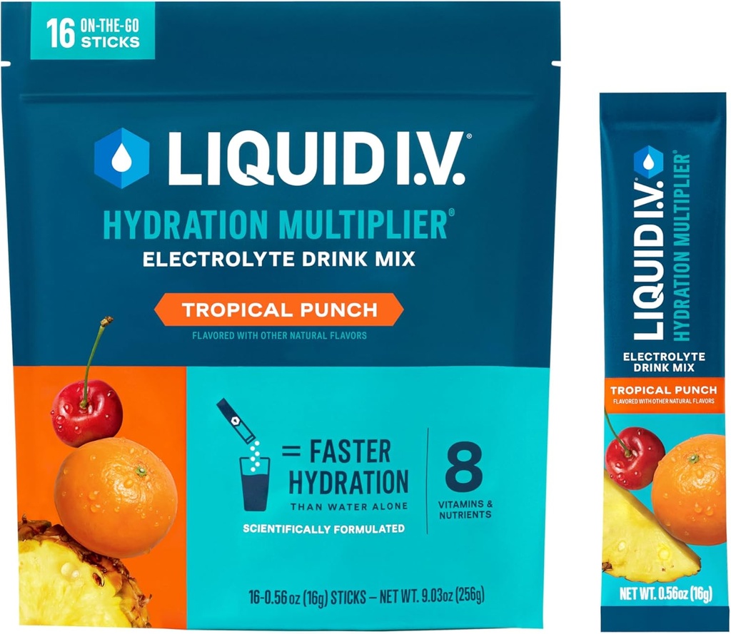 Sıvı I.V.® Hydration Multiplier® - Tropikal Punch - Hydration Toz Paketleri | Elektrolyte Toz İçilir Mix | Single-Serving Sticks | Non-GMO | 16 Hizmetler (Paket 12)