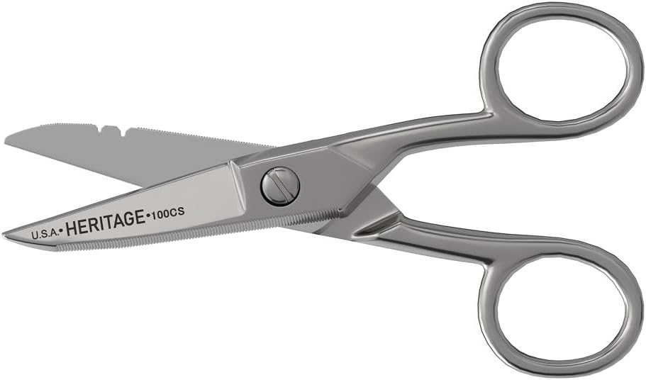 Klein Tools 100CS All-Purpose Precision Scissors, Made in USA, 5.25-Inch Nickel-Plated Snips, Blunt Tip ve Wire Stripping Notches, Multi-Purpose for Professional and Home