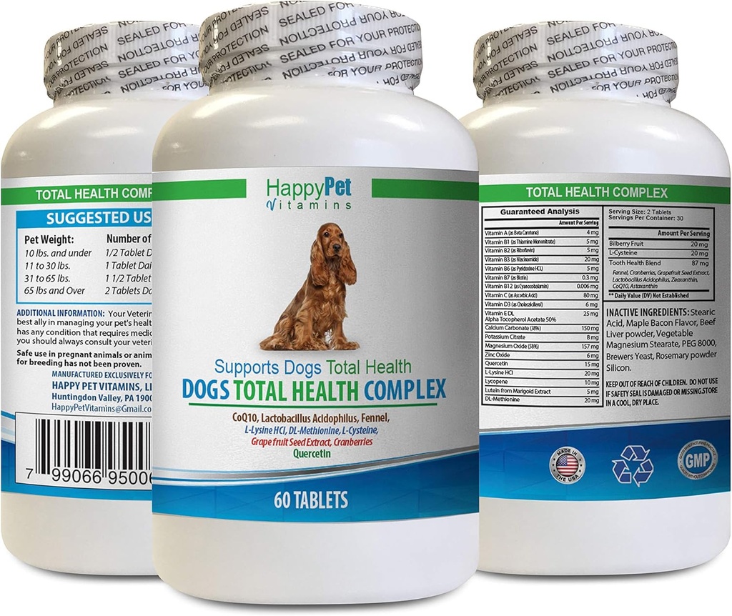 Köpek Sağlıklı Göz Tamamı - Köpek Toplam Sağlık Kompleksi - Doğal - En İyi Saç Ön Immune Göz Dişleri UTI Health - Köpekler için quercetin - 1 Şişe (60 Tedavi)