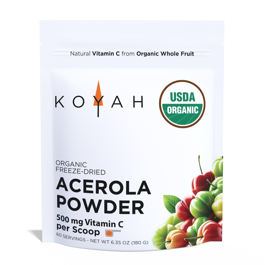 KOYAH - Organik Acerola Toz: Freeze-Dried,% 100 Pure, 500 mg Doğal C per Scoop, Whole-Food, Non-GMO, Vegan, 60 Hizmetler, Brezilya'da Yetiştirilenler