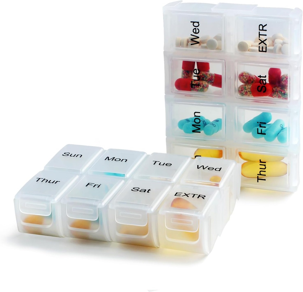 2 Packs Weekly Travel Pill Organizer Case for Purse with Reforce 7 Day Box, Fashionable Pill Container for Medicine, Vitamin, Supplement, Supplement