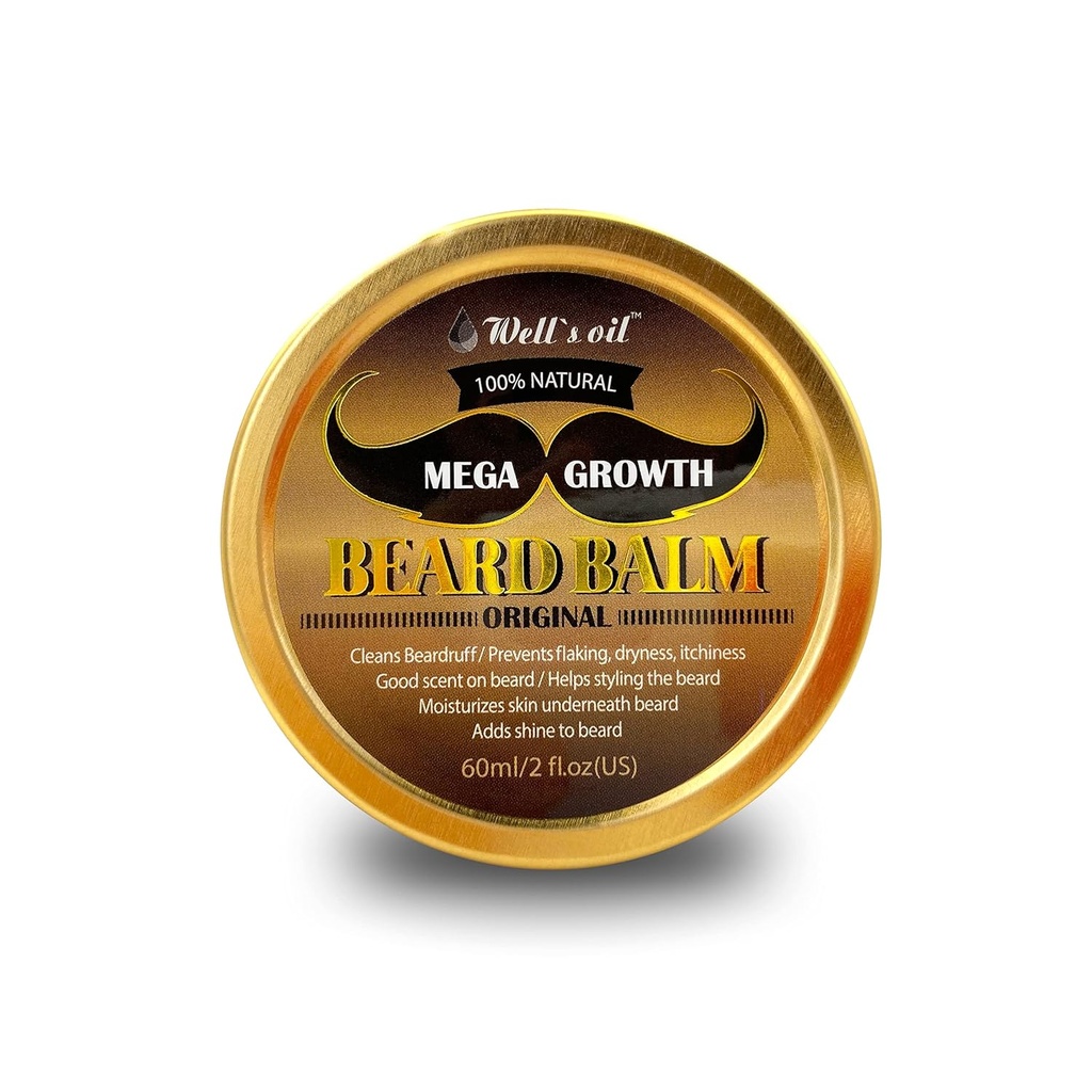 Well's MEGA GROW Beard Balm (Original Scent) | 2 fl.oz. | 100% Natural | Chemical-Free | For Men's Beard Care | Taming, Styling & Softing