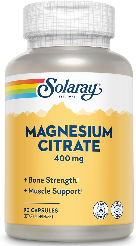 Solaray Magnezyum Citrate - Pure Citrate Capsules, Calm, Bone Health, Cellular Energy, Heart & Muscle Support, 400 mg Per - 90 Vegan Capsules (Pack of 2)