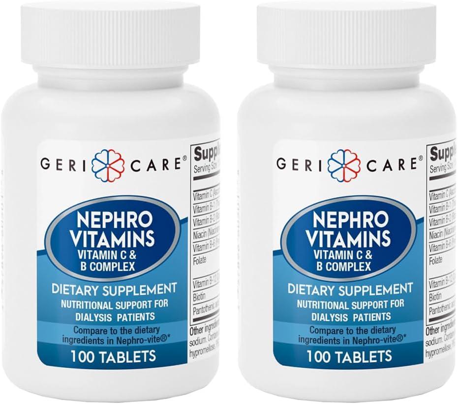 GeriCare Nephro Vitamin C & B Komplek Tabletleri, 100 Kont - Daily Kidney Health & Energy Support, Immune System Boost, Anti Protectionoxy & Metabolism Support (Pack of 2)