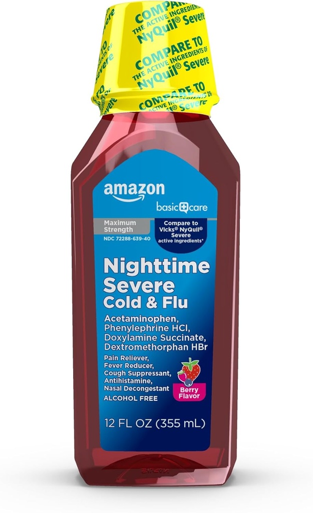 Basic Care Nighttime Severe Cold and Flu Syrup, Max Strength Liquid Medicine, Multi-Symptom Relief, Yetişkinler ve Çocuklar için 12 Yıl ve Yaşlı, Karma Berry Flavor, 12 fl oz (kısada 1)