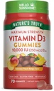Doğanın Gerçek Vitamin D3 Gummies | 10000 IU | 70 Kont | Peach Flavor | Vegetarian, Non-GMO & Gluten Free Supplement Supplement
