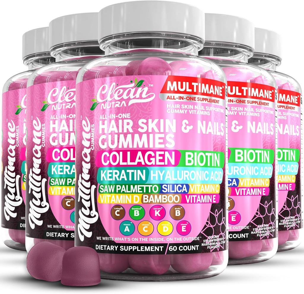 Multimane Collagen Gummies με Biotin Keratin Hyaluronic Acid Bamboo Vitamin A C Βιταμίνη D Βιταμίνη Ε Folate Saw Palmetto Silica B3 Βιταμίνες Δέρμα μαλλιών και νύχια Gummies by Clean Nutra