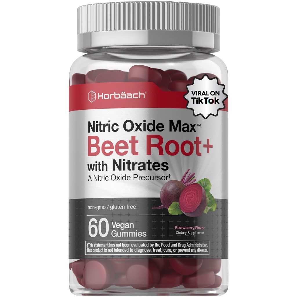 Horbäach Nitric Hoffman Beet Root Gummies | 60 Kont | Nitrates | Strawberry Flavor | Vegan, Non-GMO, Gluten Free Supplement Supplement