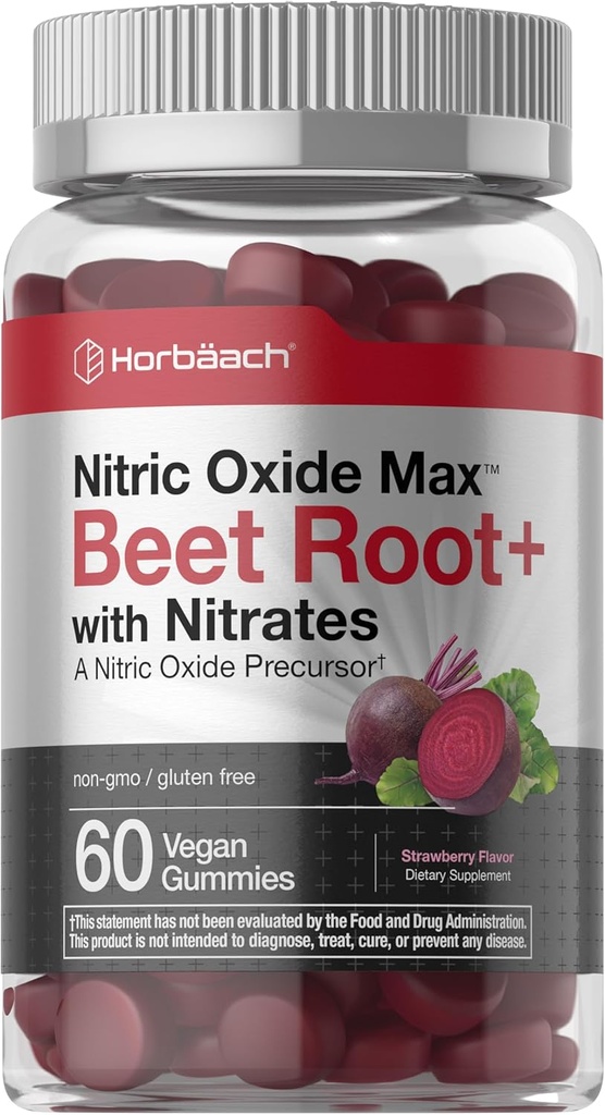 Horbäach Nitric Hoffman Beet Root Gummies | 60 Kont | Nitrates | Strawberry Flavor | Vegan, Non-GMO, Gluten Free Supplement Supplement