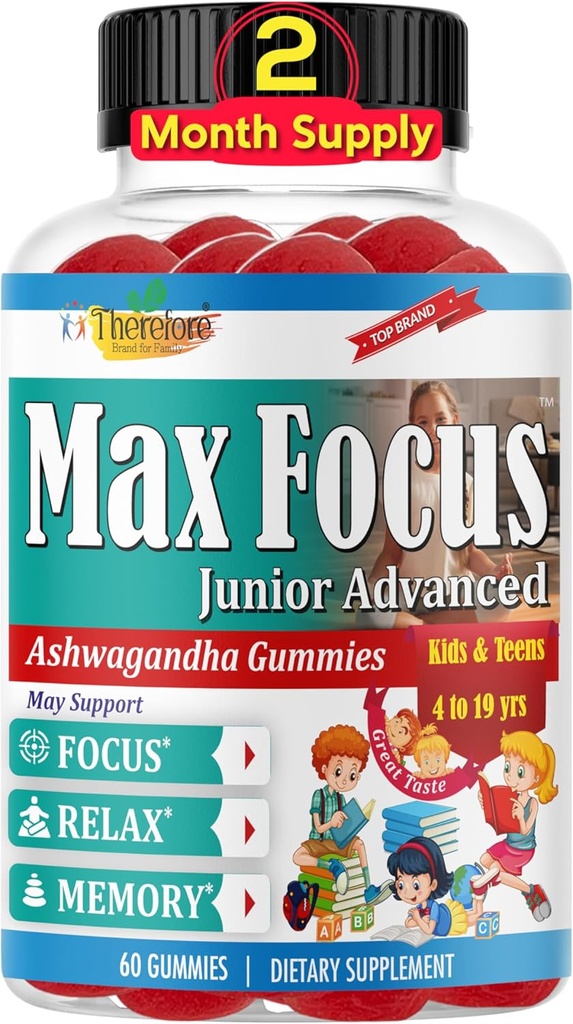 Max Focus Junior – Çocuklar Focus & Calm Gummies | Calming & dikkat Support Supplement for Kids & Youth with Ashwagandha | Brain Vitamins | Vegan, Non-GMO, 60 Gummies