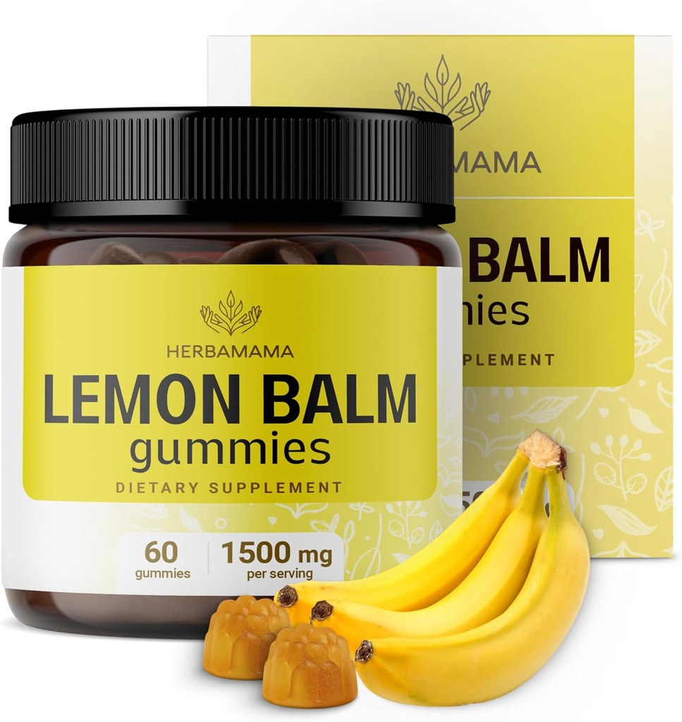 HERBAMAMA Limon Balm Calming Gummies - 1500 mg Lemon Balm Leaf for Relaxation - Vegan Non-GMO Melissa Officinalis Supplement - 60 Pectin-Based Banana-Flavored Chews