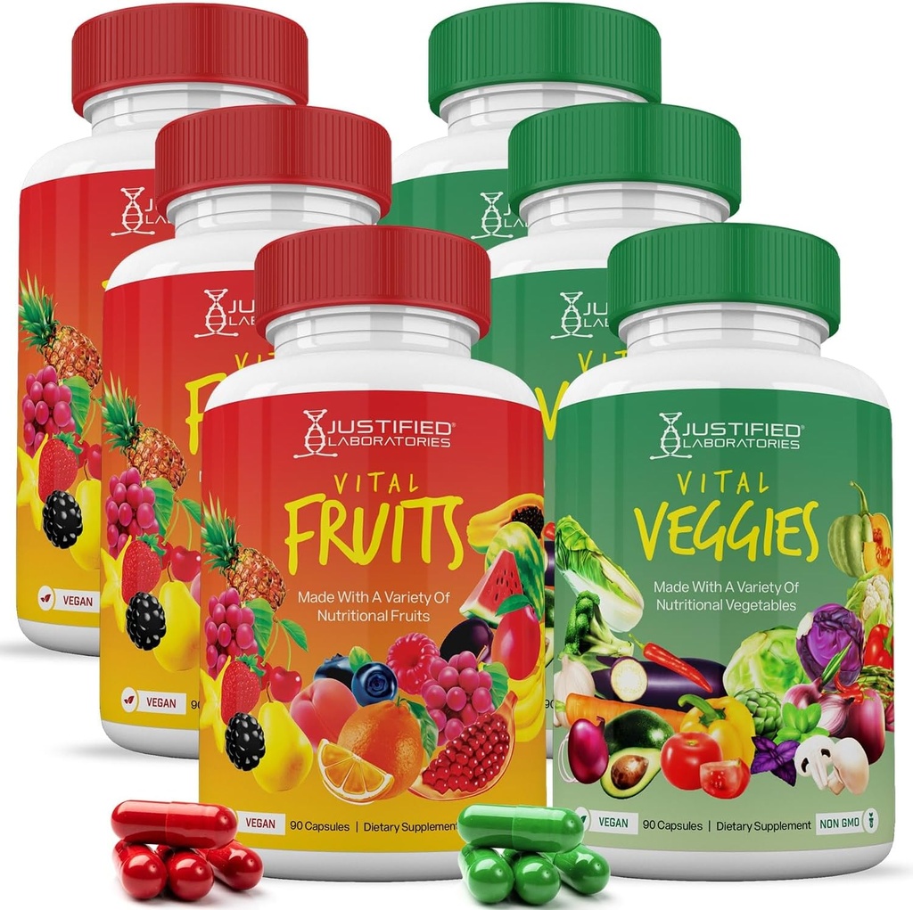 Justified Laboratories (6 Pack Vital Fruits and Veggie Supplement Ολόκληρα τρόφιμα Red & Green Superfoods Μη GMO Vegan Φιλικά 540 Veggie κάψουλες 6 μπουκάλια