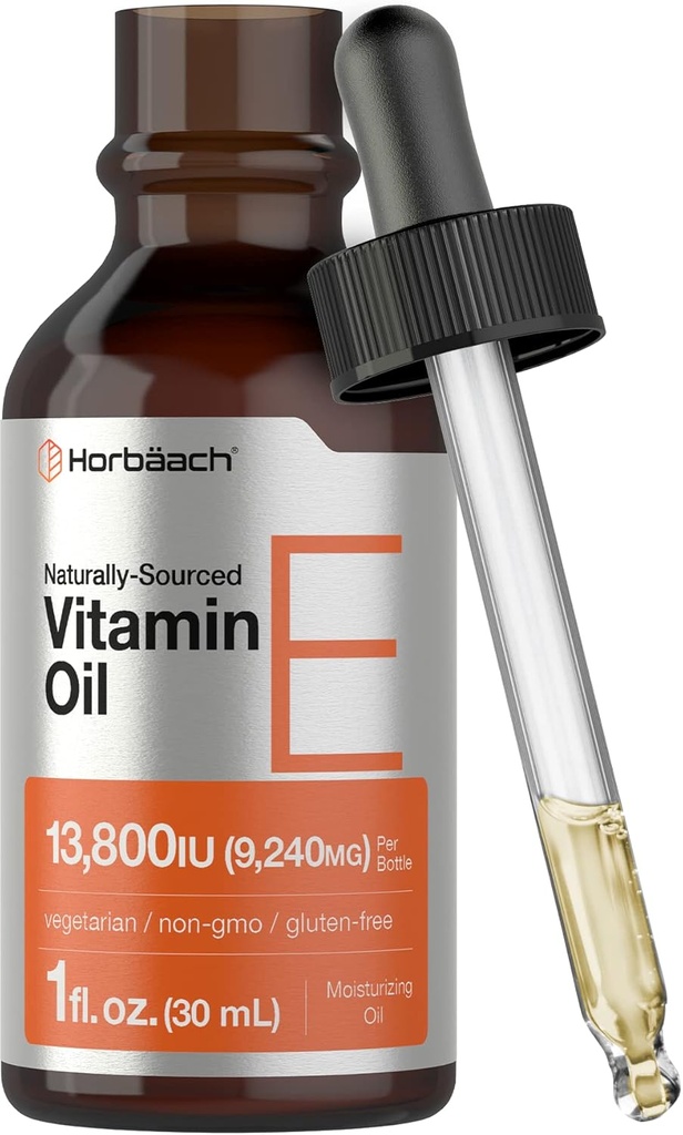 Horbäach Vitamin E Oil | 13,800IU | 1oz | Vejetary, Non-GMO ve Gluten Free Formula | Doğal Kaynaklanan Sıvı Supplement