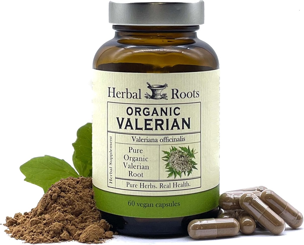 Herbal Roots Pure Organic Valerian Root Capsules - 900 mg - No Melatonin, Non-GMO - 60 Kont Vegan Capsules, Herbal Supplement