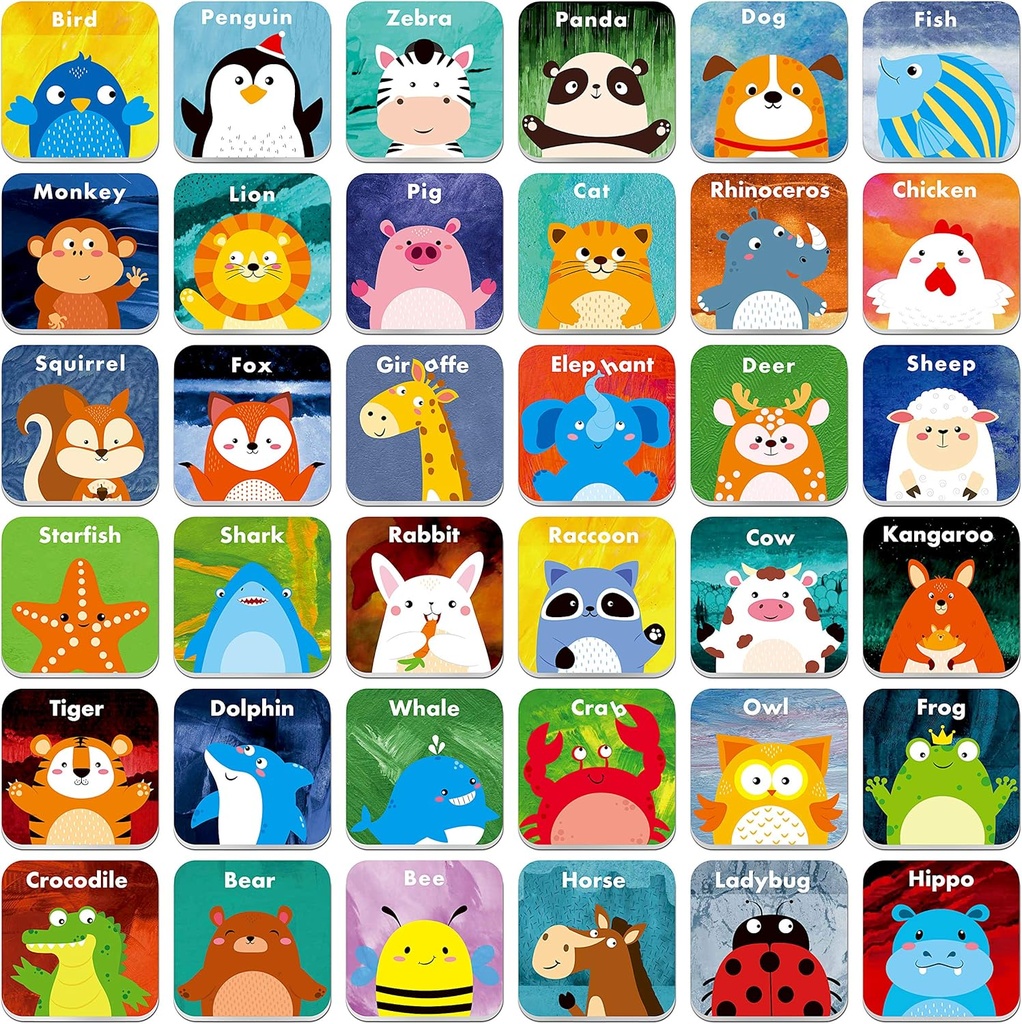 Hebayy 36 Pair Hayvanlar Game Cartoon Flash Kartları Yaşanabilir (72 PC, Her Önlem 2” X 2”)