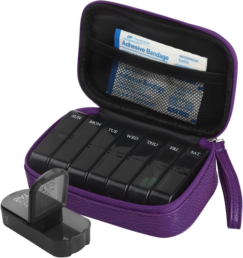 Haftalık PU Deri Pill Bag Organizer Case 2 Times a Day, AM PM Daily Pill Box to Hold Vitamin, Fish Oil, Supplements and Medicine (Purple)