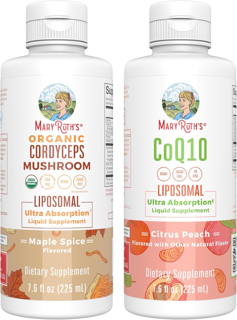 MaryRuth Organics Cordyceps Liposomal (Maple Spice) & CoQ10 (Citrus Peach) | Temiz Etiket Projesi Immunity, Heart Health, & General Wellness | Vegan, Non-GMO, Gluten-Free