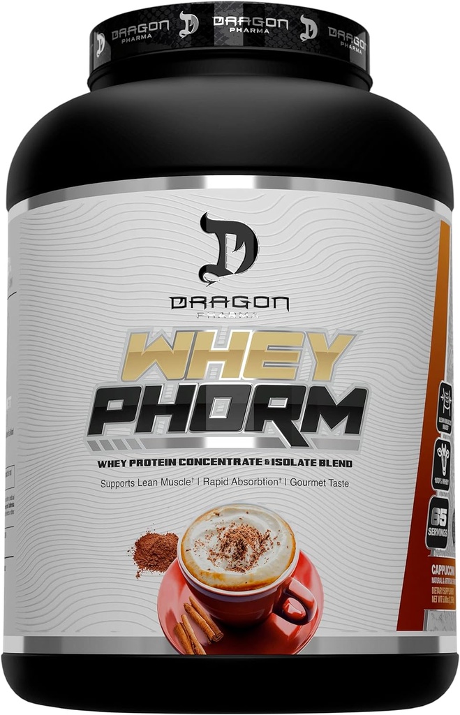 DRAGON PHARMA Whey proteini, Hızlı Aborpsiyon, Gluten Free, 100% Whey proteini, WheyPhorm, Maxising Recovery, Great Tasting, 25 Grams of Protein (65 Hizmet, Cappuccino)
