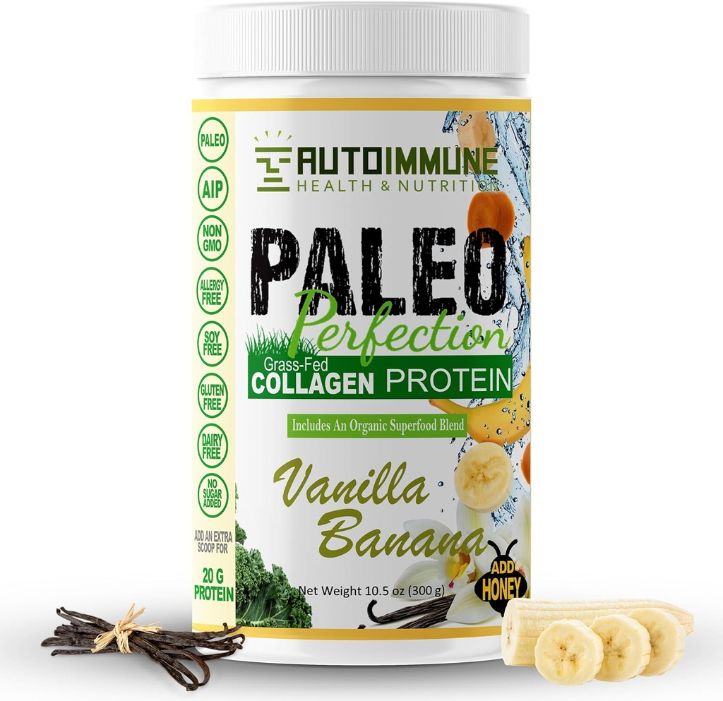 Paleo Perfection Vanilla Banana Grass Fed Beef Collagen Protein Powder without Stevia - Παλαιό, Κέτο, SCD, AIP Protein Powder with Apple Fiber, Carrot & Broccoli - 300g Protein Powder & Superfood Blend