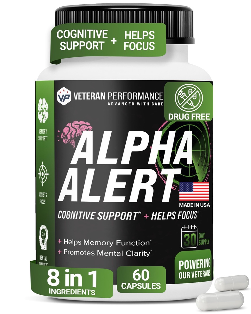 Alert Alpha – Veteran Ιδιοκτησία Συμπληρώματα εγκεφάλου για τη μνήμη και την εστίαση – Third-party tested, Dairy & Gluten-free Nootropic Memory Συμπληρώματα - 60 κάψουλες λαχανικών