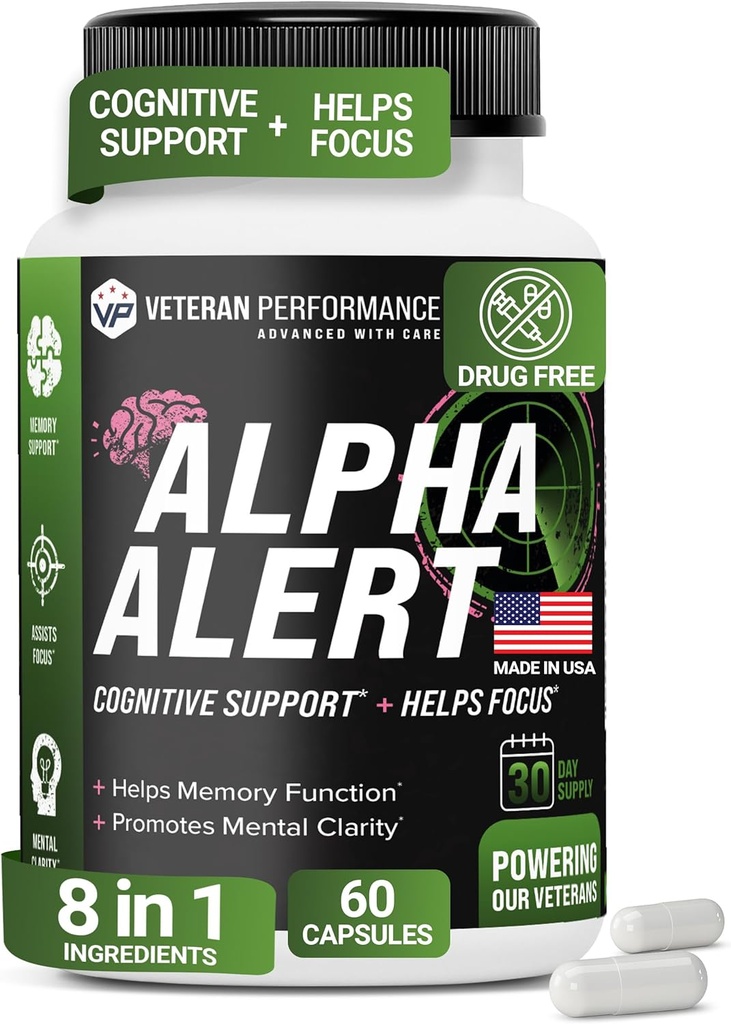 Alert Alpha – Veteran Ιδιοκτησία Συμπληρώματα εγκεφάλου για τη μνήμη και την εστίαση – Third-party tested, Dairy & Gluten-free Nootropic Memory Συμπληρώματα - 60 κάψουλες λαχανικών