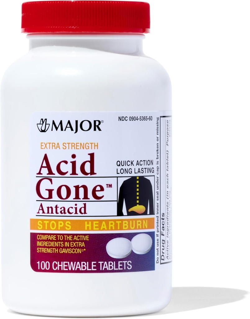 MAJOR Asit Ekstra Güçlü Antacid Chewable Tabletler - Anti-Acid Relief - Acid Reflux Medicine for Yetişkinler - Upset Stomach, Acid Indigestion, and Heartburn Relief - Long-Lasting - 100 Count