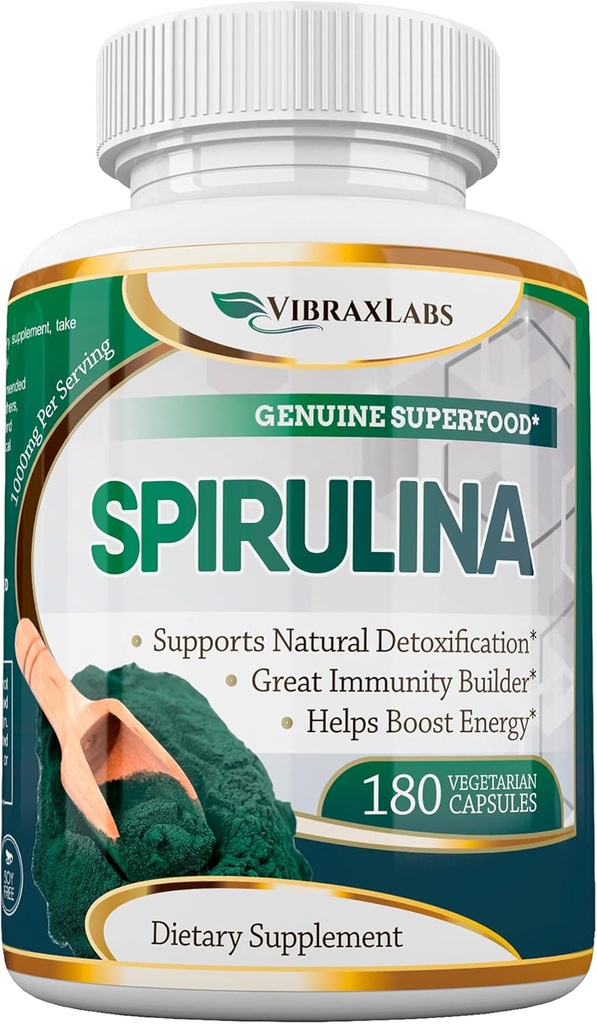 vibraxlabs Spirulina Capsules –% 100 Pure 1000 mg (500 mg Veggie Capsules) Toz Tamam, Destekler Doğal Detoxification, Chlorella Seviye ile En İyi,