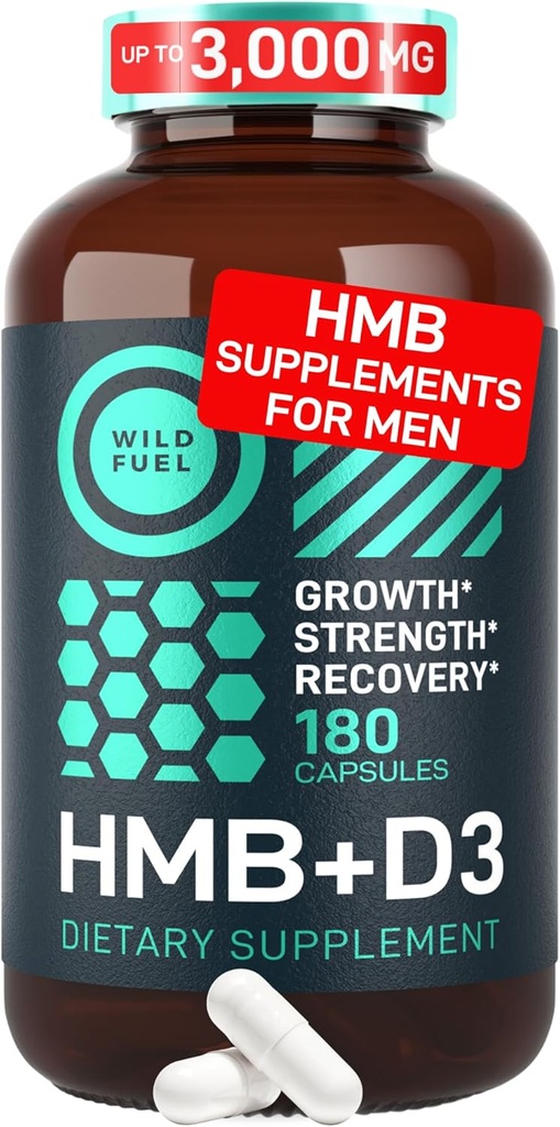 WILD FUEL 3.000 mg HMB Supplement Plus Vitamin D3 - Kas Büyüme, Güçlü, Hızlı İşout Recovery HMB Supplements for Men and Women -dis Beta-Hydroxy Beta-Methylbutyrate - 180 Capsules