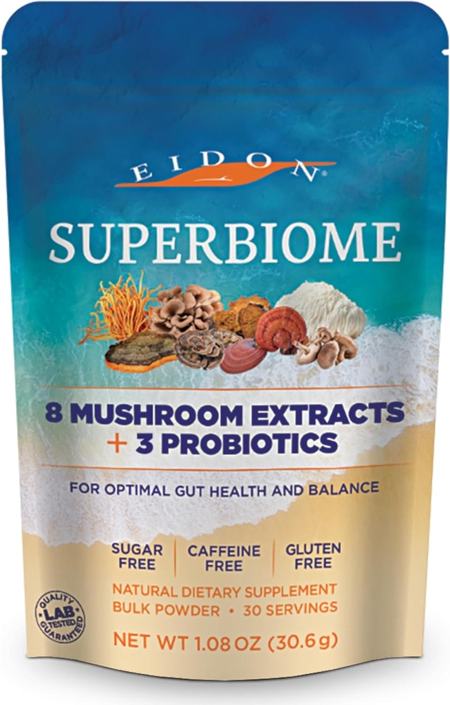 Eidon SuperBiome, Mushroom Probiotics Powder Blend, Gut Balance, Microbiome Health Supplement with Organic Reishi, Chaga, Lion's Mane, Cordyceps, Turkey Tail, Shitake, Maitake, Phelinus, 30 Services