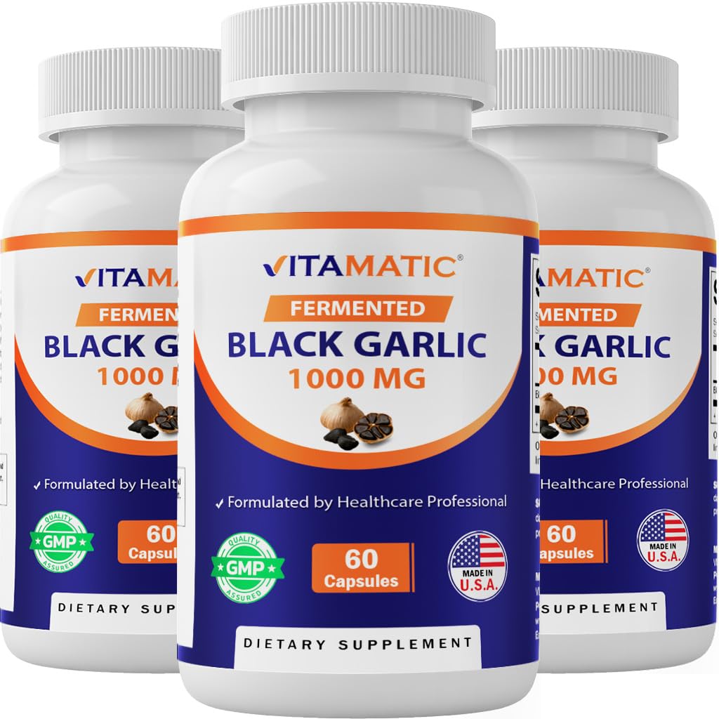 Vitamatic 3 Συσκευασία Ζυμωμένο Μαύρο Σκόρδο Εκχύλισμα 1000 mg 60 Κάψουλες - Μη ΓΤΟ, Χωρίς Γλουτένη - (Σύνολο 180 Κάψουλες)