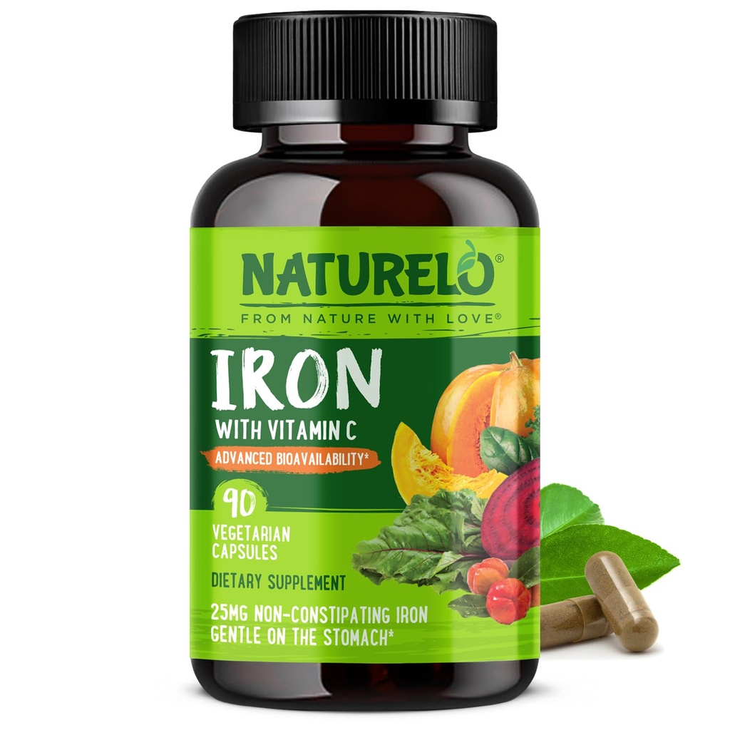 C ve Organik Tüm Gıdalar ile NATLO Vegan Demir Supplement - Demir Eksikliği Alüding Gebelik, Anemi ve Vegan Diyetleri - 90 Mini Capsules
