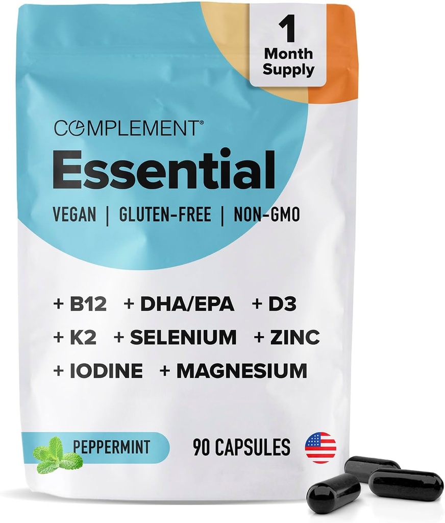 Complement Essential Vegan Multivitamin for Men & Women (30 Servings, 180 Capsules) with Omega-3 DHA & EPA, B12, Vitamin D3 & K2, Zinc, Selenium, Magnesium, Iodine - Supports Immunity & Overall Health