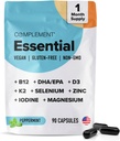 Erkekler ve Kadınlar için Temel Vegan Multivitamin (30 Hizmet, 180 Capsules) Omega-3 DHA & EPA, B12, Vitamin D3 & K2, çinko, Selenium, Magnezyum, Iodine - Supports Immunity & General Health