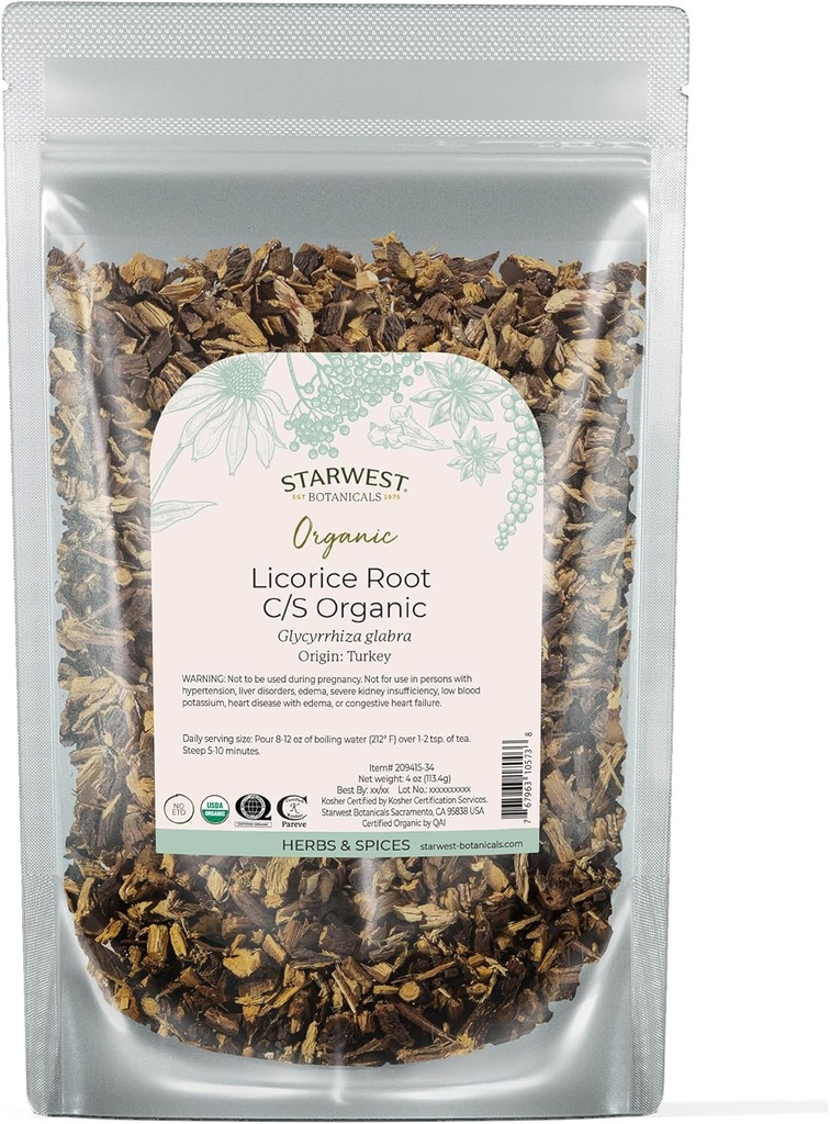 Starwest Botaniks Organik Kuru Licorice Root - Loose Leaf Tea Mixs, Candy, & Baked Goods, Cut & Sifted, Sertifikalı Kosher, Non-GMO - 4 oz Pouch