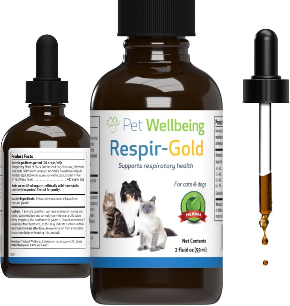 Pet Wellbeing Respir-Gold for Cats - Υποστηρίζει υγιή αναπνοή, Open Airways, αναπνευστική υποστήριξη, μαύρο κύμινο, κυνηγόσκυλο, Grindelia - Veterinian-Formulated βοτανικό συμπλήρωμα 2 fl oz (59 ml)