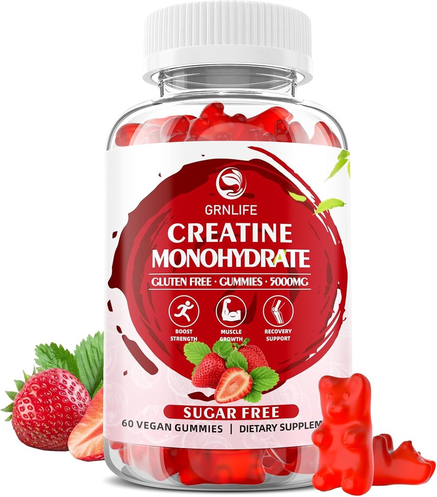 Erkekler ve Kadınlar için Kre Güçlü, Kas Builder, Enerji Boost, Sugar Free, Vegan, Strawberry Flavor-60 Count