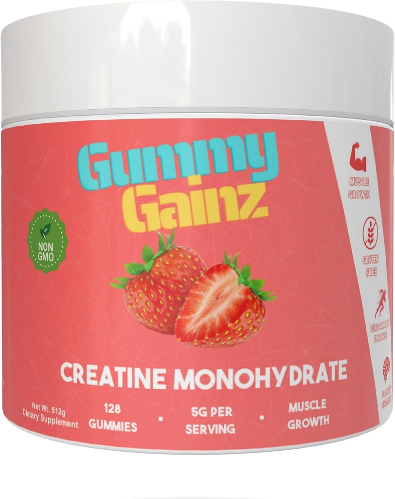 Creatine Monohydrate Gummies Muscle Strength Builder Gain Faster Recovery 5000mg for Men & Women Boost Energy Pre-Workout Chewables Supplement 128ct (Regular, Strawberry)